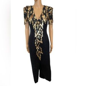 Black Tie Silk Gaudy Glitz Glam Hollywood Formal Special Occasion Beaded Dress